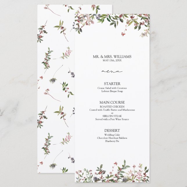 Elegante menú Boda de invierno con flores silvestr (Anverso / Reverso)