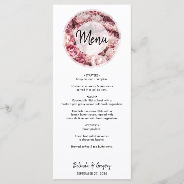 Elegante menú Boda de los peones rosados (Anverso)