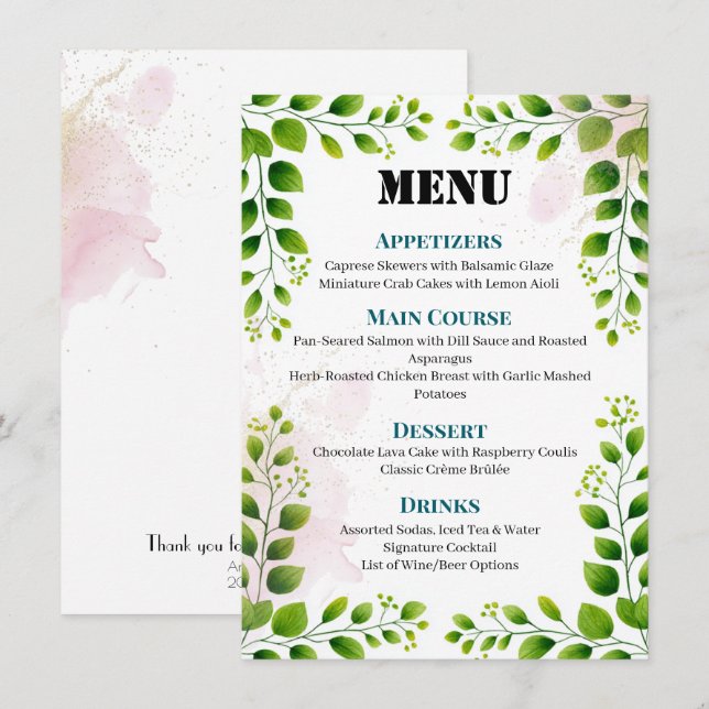 Elegante menú Boda de marco de vegetación (Anverso / Reverso)