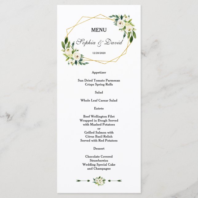 Elegante menú Boda de marco dorado floral verde bl (Anverso)