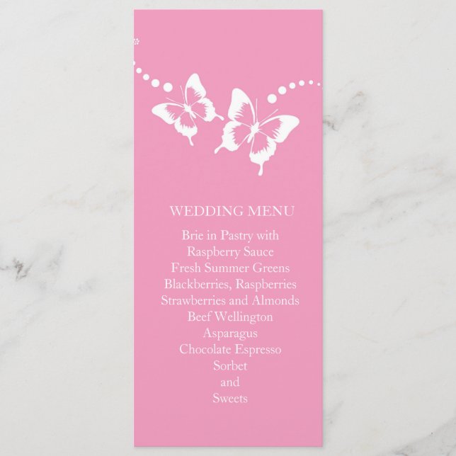 Elegante menú Boda de mariposa de belleza rosa (Anverso)