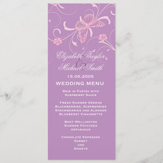 Elegante menú Boda de mariposas Dream Lavender (Anverso)