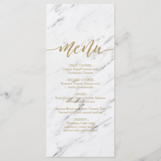 Elegante menú Boda de mármol blanco y Relieve meta (Anverso)