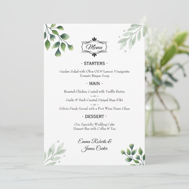 Elegante menú Boda de mesa de vegetación (Anverso de pie)