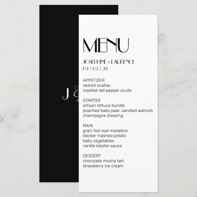 Elegante menú Boda de Monograma Blanco Negro (Anverso / Reverso)