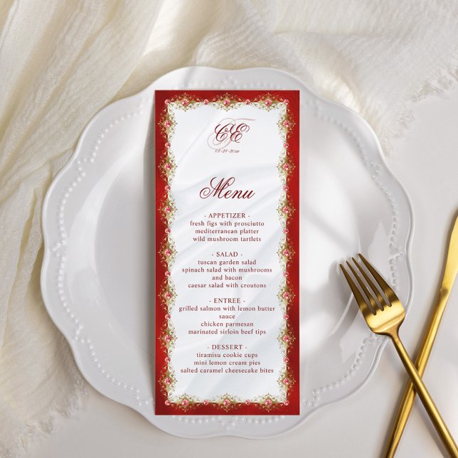 Elegante menú Boda de Monograma de Oro Blanco Rojo (Subido por el creador)