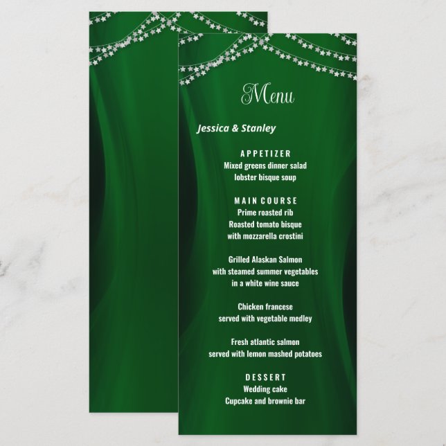 Elegante menú boda de navidades verdes esmeraldas (Anverso / Reverso)
