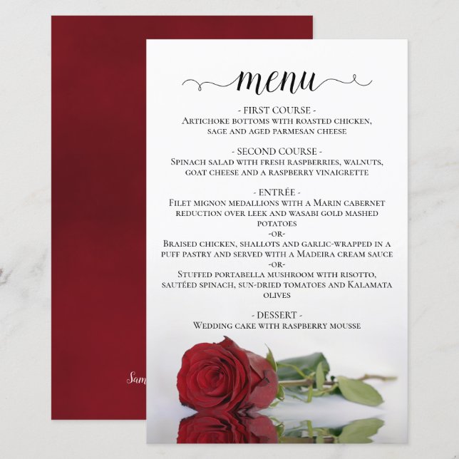 Elegante menú Boda de presupuesto de la Rosa Roja (Anverso / Reverso)