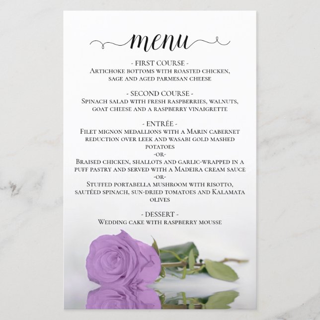 Elegante menú Boda de presupuesto Lilac Purple Ros (Anverso)
