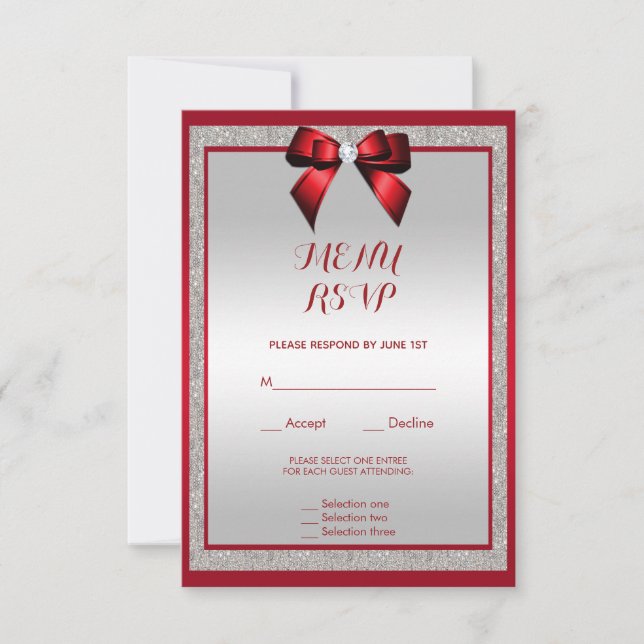 Elegante menú Boda de Purpurina rojo y plateado de (Anverso)