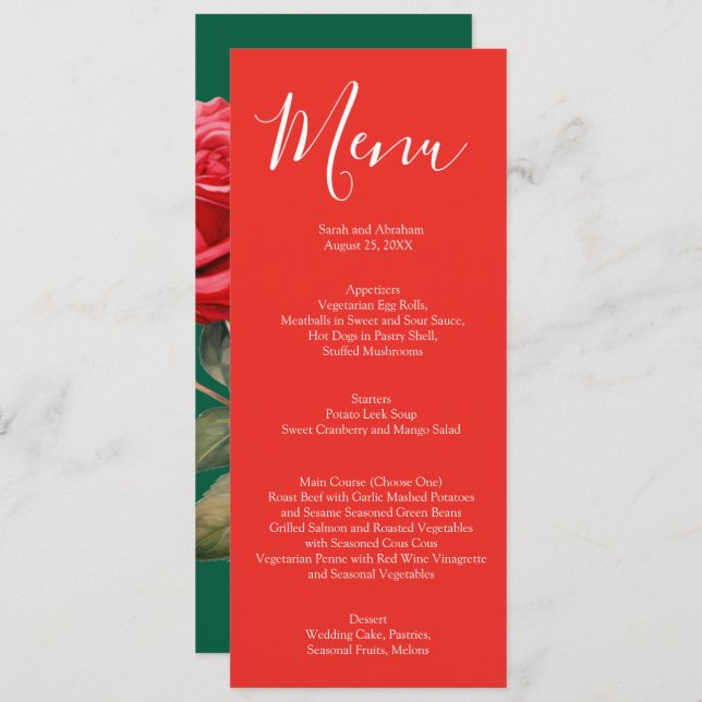 Elegante menú Boda de rosas rojas (Anverso / Reverso)