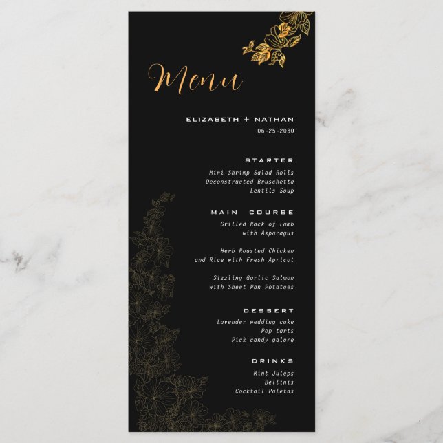 Elegante menú Boda del follaje dorado negro (Anverso)