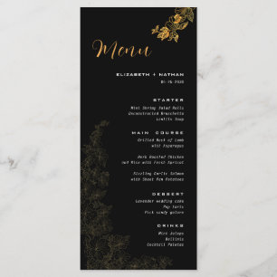 Elegante menú Boda del follaje dorado negro