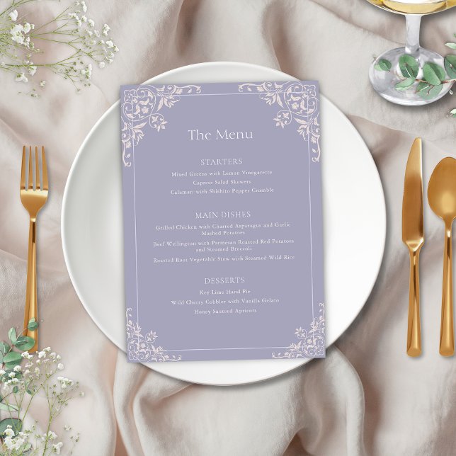 Elegante menú Boda del marco de lona lilac francés (Elegant french lilac wedding menu with vintage lavendar purple and blush pink coastal chic border)