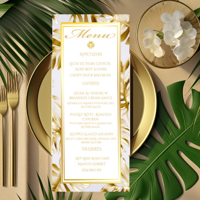 Elegante menú Boda dorado de Monstera blanca (Subido por el creador)