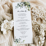 Elegante menú Boda Dusty Blue Greenerenery<br><div class="desc">Diseñado para coordinar con nuestra colección de bodas Boho Greenery,  esta plantilla de menú personalizable presenta hojas de color agua mezcladas,  emparejadas con un elegante serif en negro,  con un monograma en la parte posterior. Elementos coincidentes disponibles.</div>