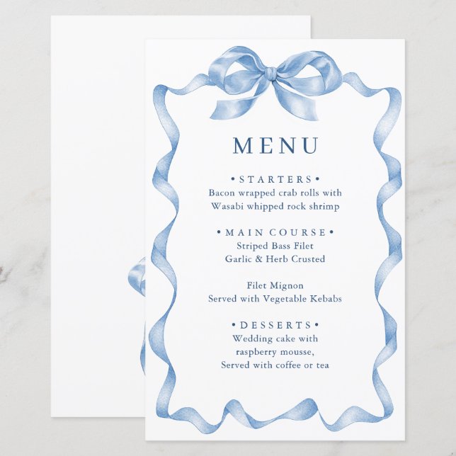 Elegante menú Boda Dusty Blue Hand Drawn Bow (Anverso / Reverso)