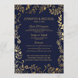 Elegante menú Boda floral azul marino y dorado