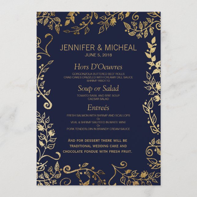 Elegante menú Boda floral azul marino y dorado (Anverso)