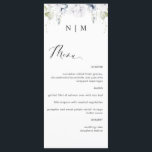 Elegante menú Boda floral blanco y azul<br><div class="desc">Elegante menú boda monogramado con exquisita vegetación acuática y detalles florales blancos y azules encima con las iniciales de la pareja. Posibilidad de añadir su propio menú usando los cuadros de texto proporcionados y, si es necesario, realizar ajustes de posición, tamaño, estilo y color del texto seleccionando "personalizar más adelante"....</div>