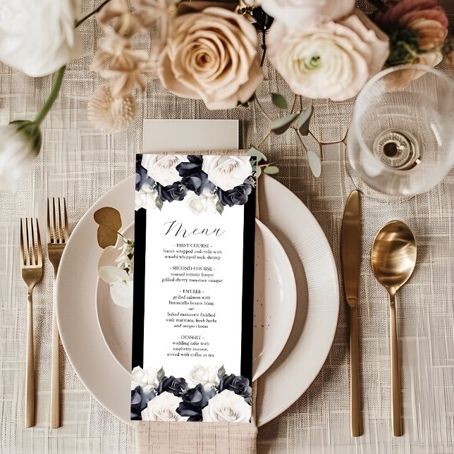 Elegante menú Boda floral blanco y negro (Subido por el creador)