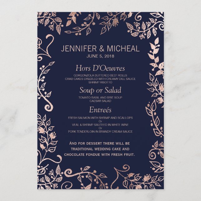 Elegante menú Boda floral de Rosa azul de la marin (Anverso)