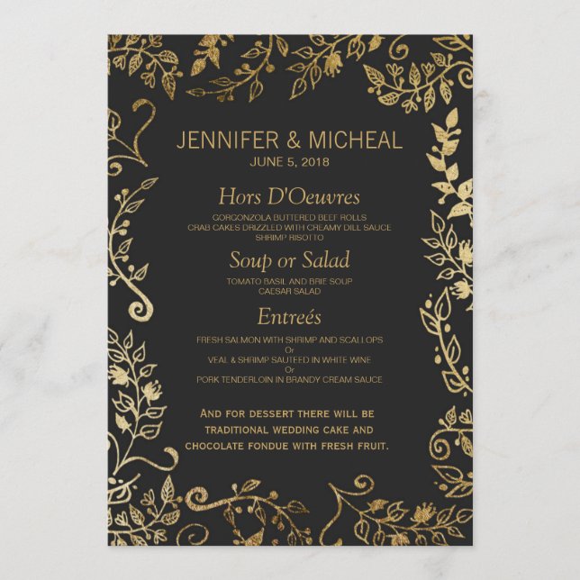 Elegante menú Boda floral dorado negro y amarillo (Anverso)