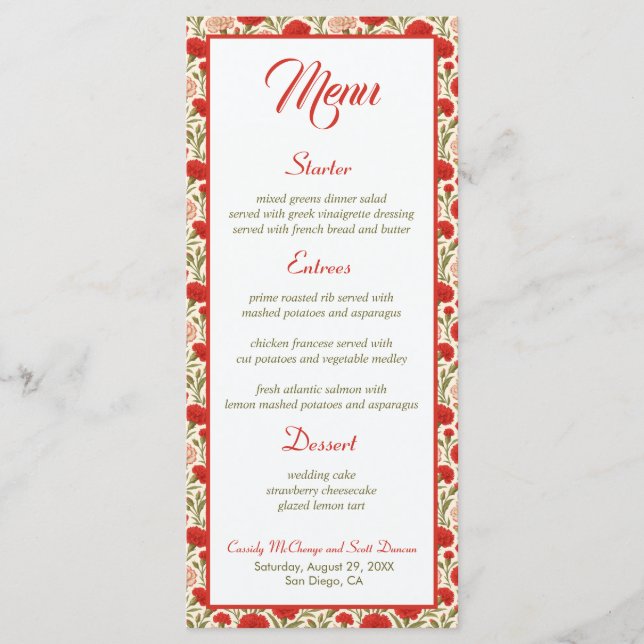 Elegante menú Boda floral rojo flor flor (Anverso)