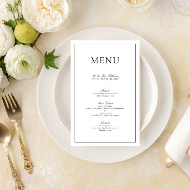Elegante menú Boda formal de escritura en blanco y (Create a wedding menu to match your invitation suite with this easy to personalize design)