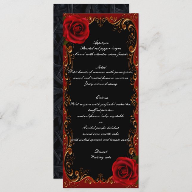 Elegante menú Boda Gótico Roses Rojos (Anverso / Reverso)