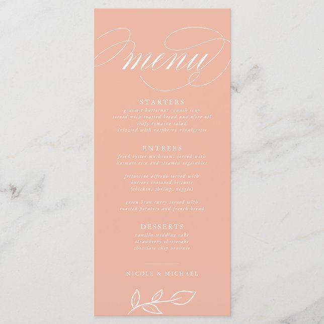 Elegante menú Boda Melón rosa Minimalista hojas (Anverso)