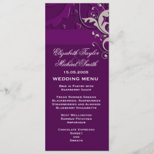 Elegante menú Boda morado de damasco floral