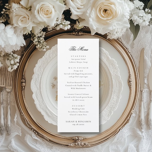 Elegante Menú Boda Negro y Recepción Gracias (This elegant wedding reception menu features your a luxurious script font.)