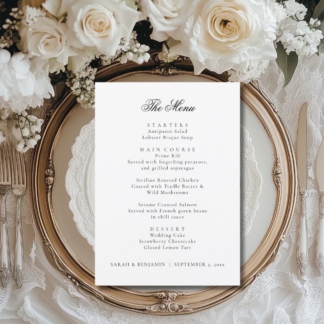 Elegante Menú Boda Negro y Recepción Gracias (This elegant wedding menu is perfect for creating that fine art wedding look.)