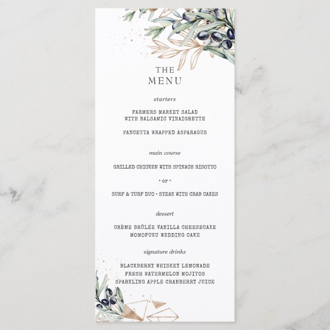 Elegante menú Boda Olive Grove Greenery (Anverso)