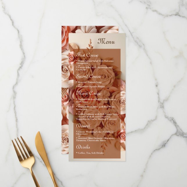 Elegante menú Boda plano con flores 3D (Anverso/Reverso In Situ)