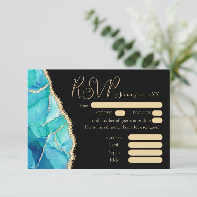Elegante menú Boda Purpurina de oro azul negro RSV (Anverso de pie)
