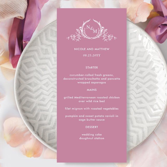 Elegante menú Boda rosa monogramado (Subido por el creador)