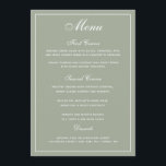 Elegante menú Boda Sage White Script<br><div class="desc">Una forma elegante de mostrar a sus huéspedes sus opciones de menú. En verde sabio con escritura blanca. Se ha combinado un elegante tipo de letra boda de guiones con un estilo moderno, todo tipo de letra caps, creando un elegante y sencillo menú boda. Se ha asignado amplio espacio a...</div>