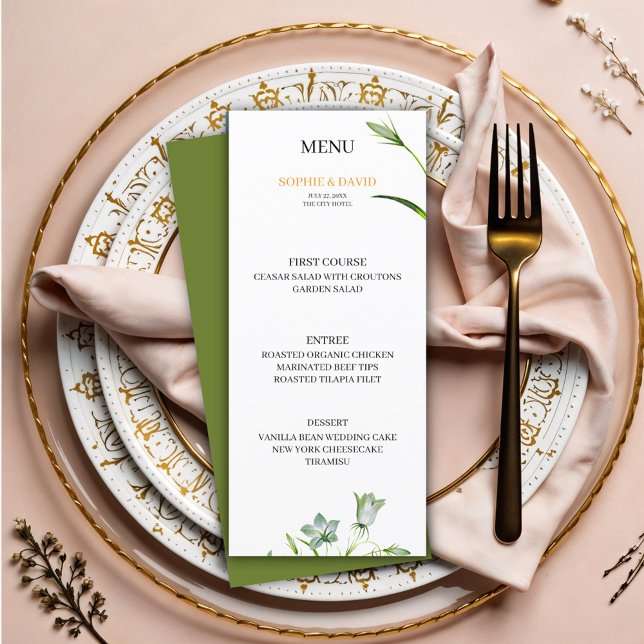 Elegante menú Boda verde oliva floral (Subido por el creador)