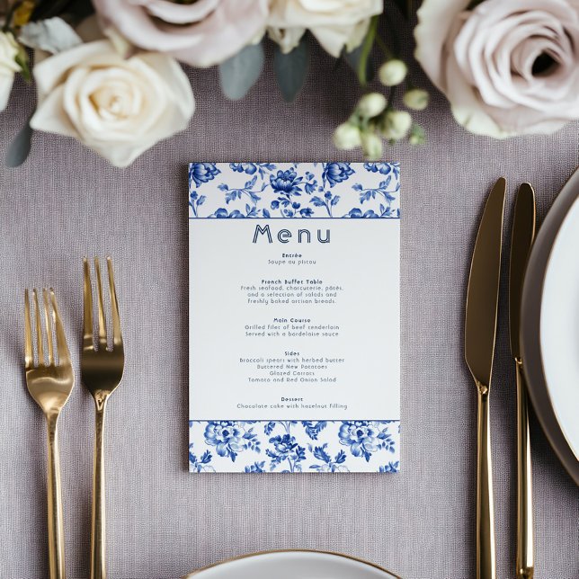 Elegante menú botánico de software azul y blanco (Elegant deep blue delftware style botanical menu, classic and timeless celebration border.)