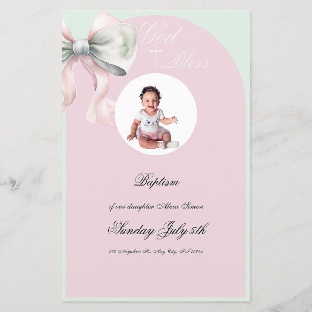 Elegante menú "Bow Bow Baptism for Baby Girl" (Anverso)