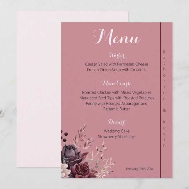 Elegante menú Burgandy Dusty Rosa Boda Floral (Anverso / Reverso)