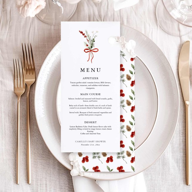 Elegante menú de Baby Shower botánico de invierno (Elegant Winter Baby Shower Menu card)