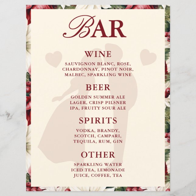 Elegante Menú de Bar Floral Borgoña para Mesa de B (Anverso)