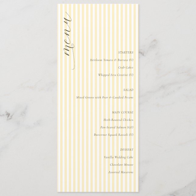 Elegante Menú de Boda a Rayas de Crema (Anverso)