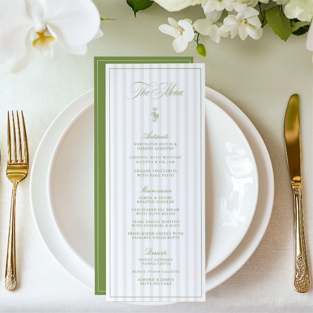 Elegante menú de Boda a rayas verdes y beiges (Elegant Sage Green & Beige Striped Wedding Menu)