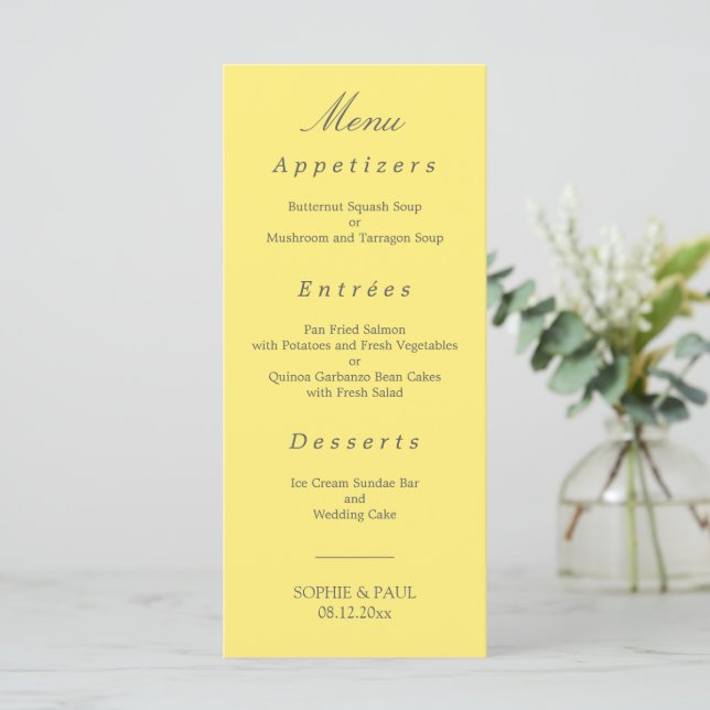 Elegante menú de Boda amarillo mantequilla (Anverso de pie)