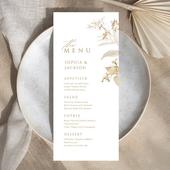 Elegante menú de Boda botánico floral dorado (Elegant Gold Botanical Floral Wedding Menu)