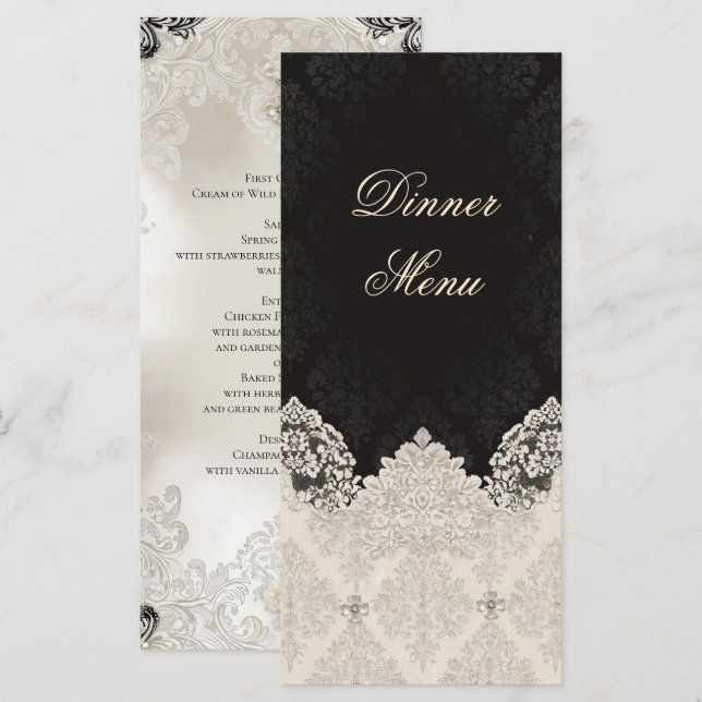 Elegante Menú de Boda Cena de Encaje Blanco Negro (Anverso / Reverso)
